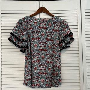 Loft Patterned Flounce Short Sleeve Blouse